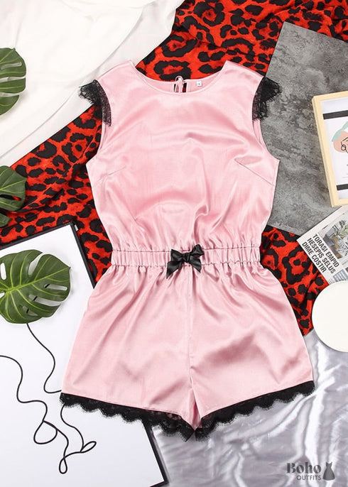 Boho Sleepwear, Pajamas Set, PJ Satin Jeanne Black and Pink